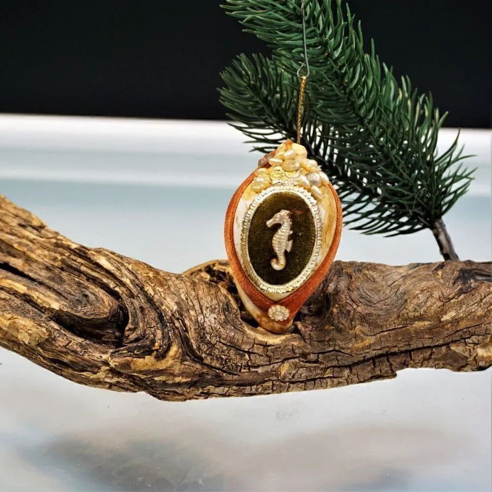 Vintage Christmas Ornament Seashell Beaded Seahorse Mica Ribbon Handmade